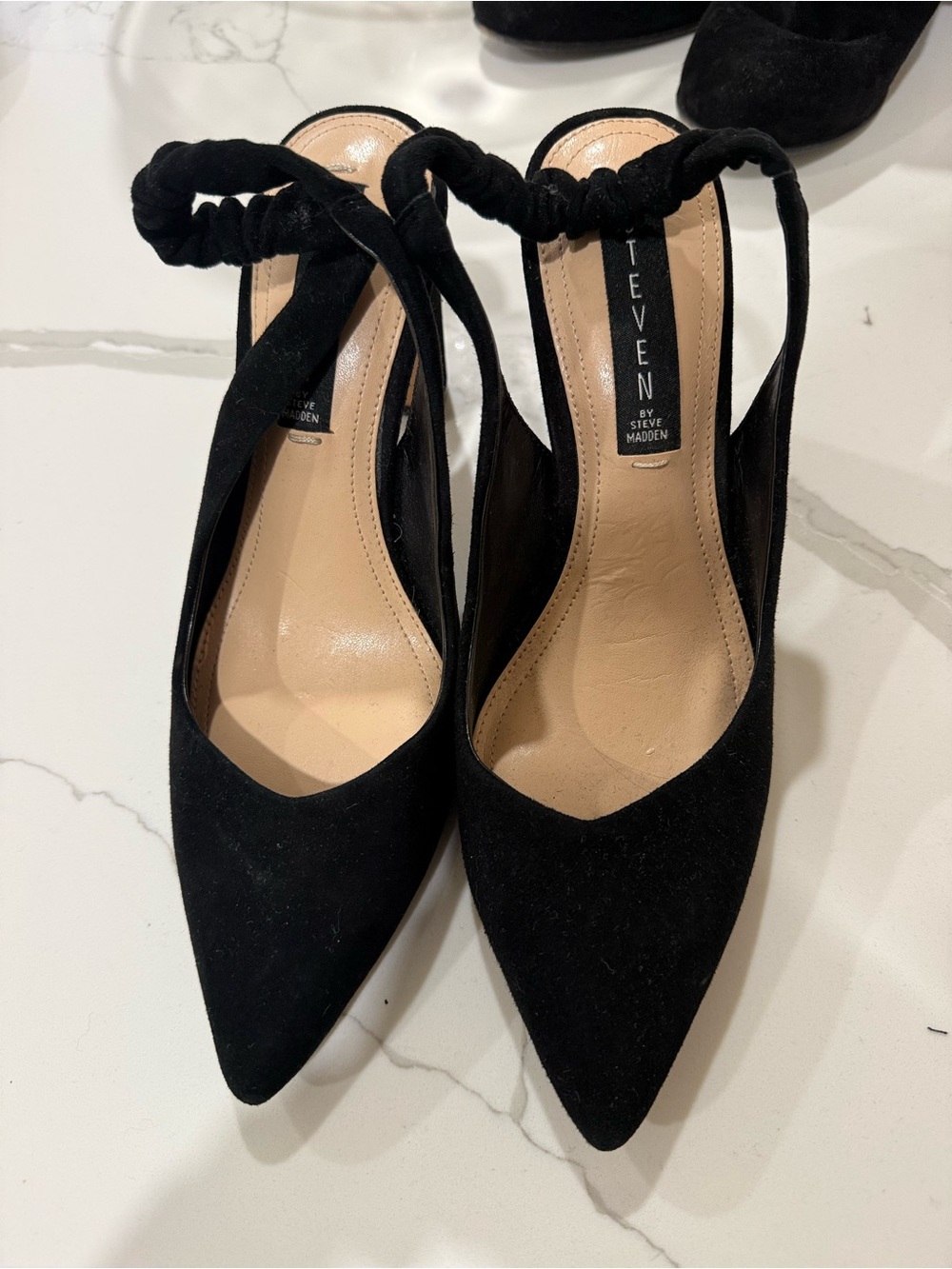 Steve Madden Black Pointed Slingback Heels with Ruched Ankle Strap